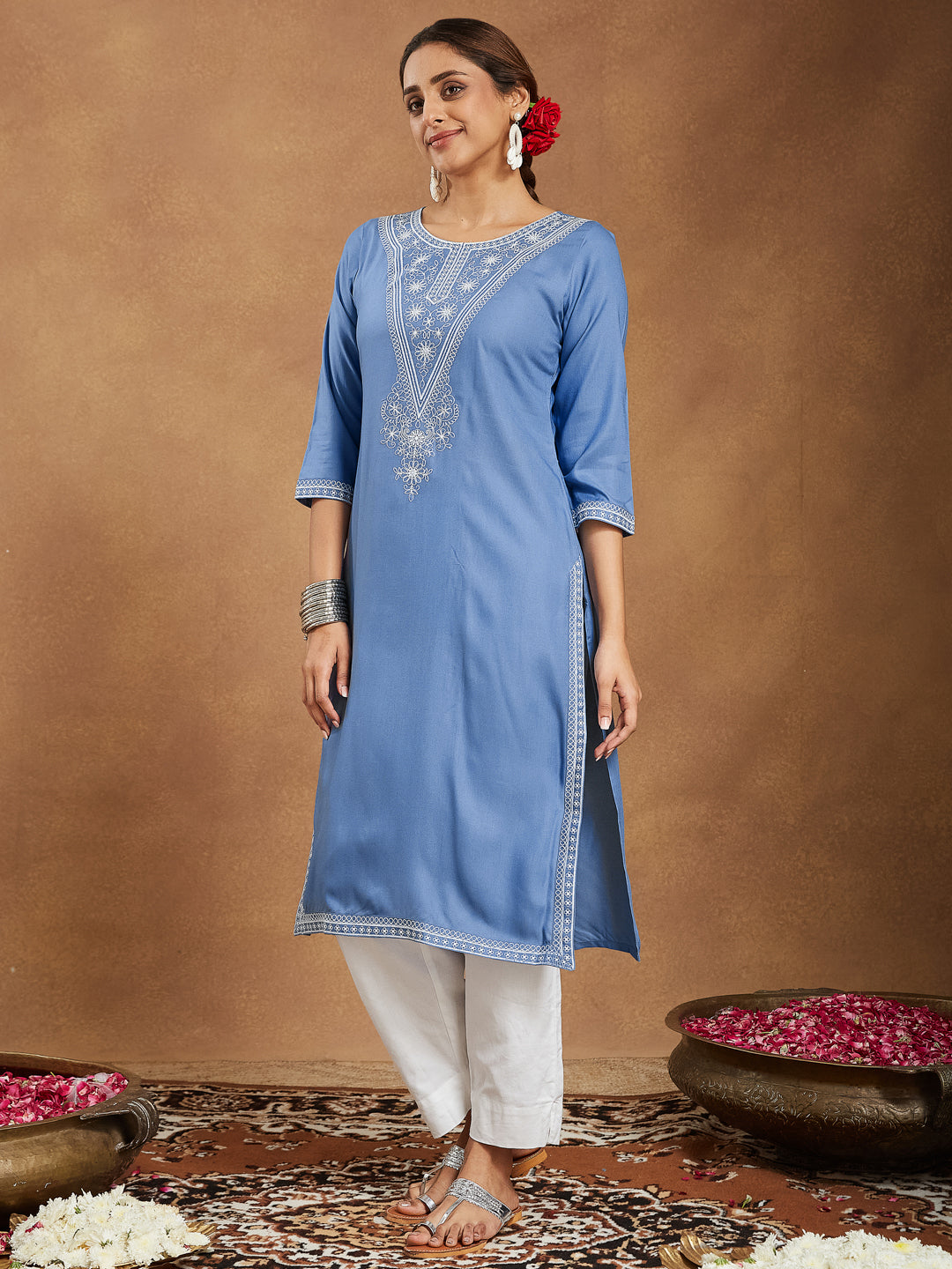 Elegant Sky Blue Embroidered Rayon Kurta for Women