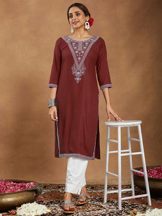 Regal Maroon Embroidered Rayon Kurta