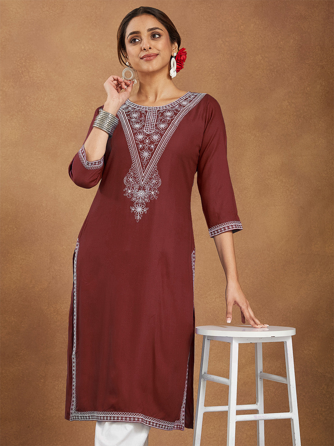 Regal Maroon Embroidered Rayon Kurta