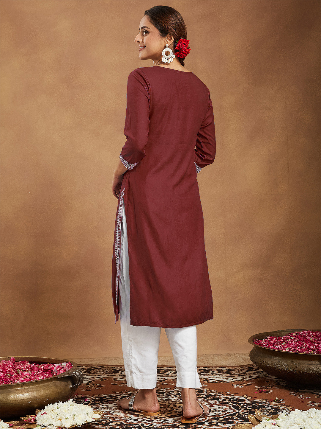 Regal Maroon Embroidered Rayon Kurta