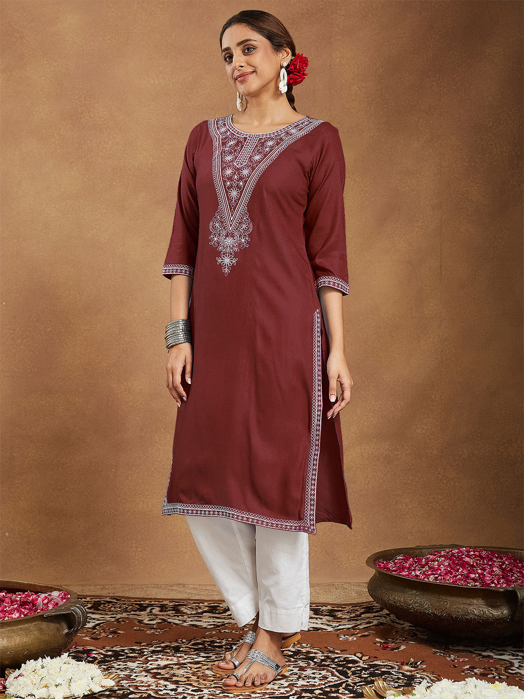 Regal Maroon Embroidered Rayon Kurta