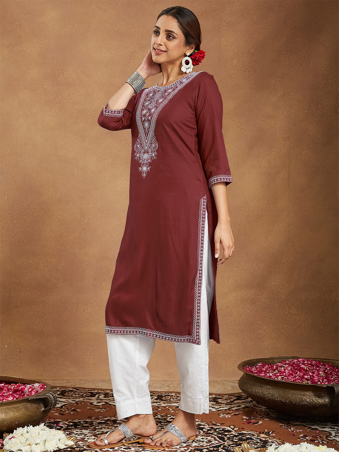 Regal Maroon Embroidered Rayon Kurta