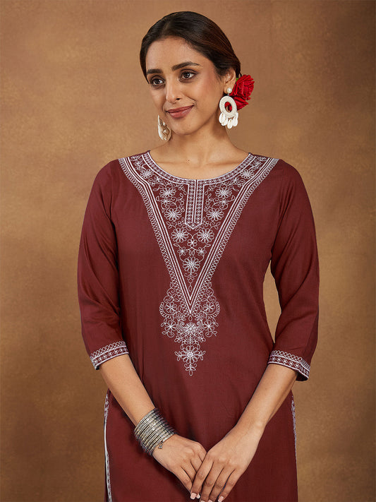 Regal Maroon Embroidered Rayon Kurta