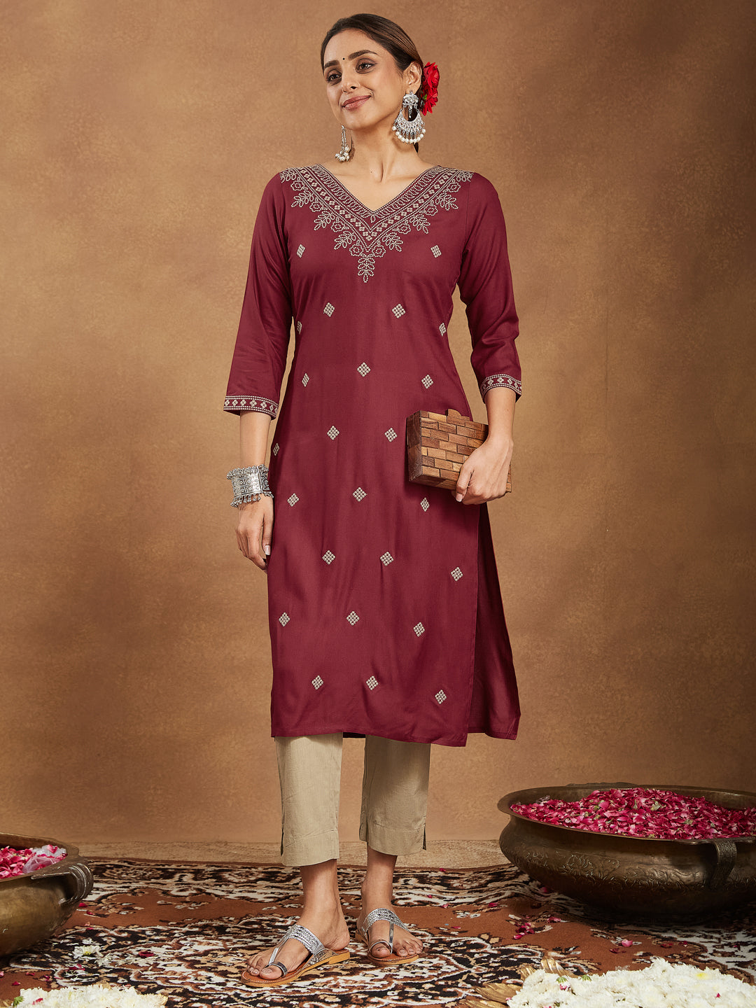 Elegant Maroon Embroidered Rayon Straight Kurta for Women