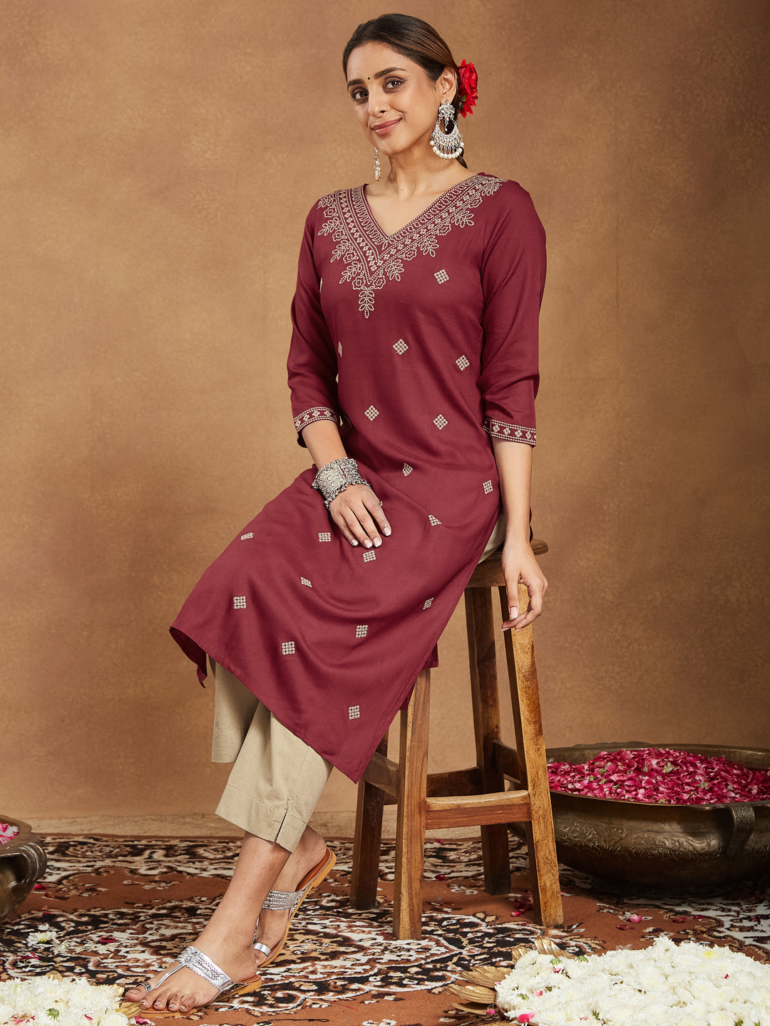 Elegant Maroon Embroidered Rayon Straight Kurta for Women