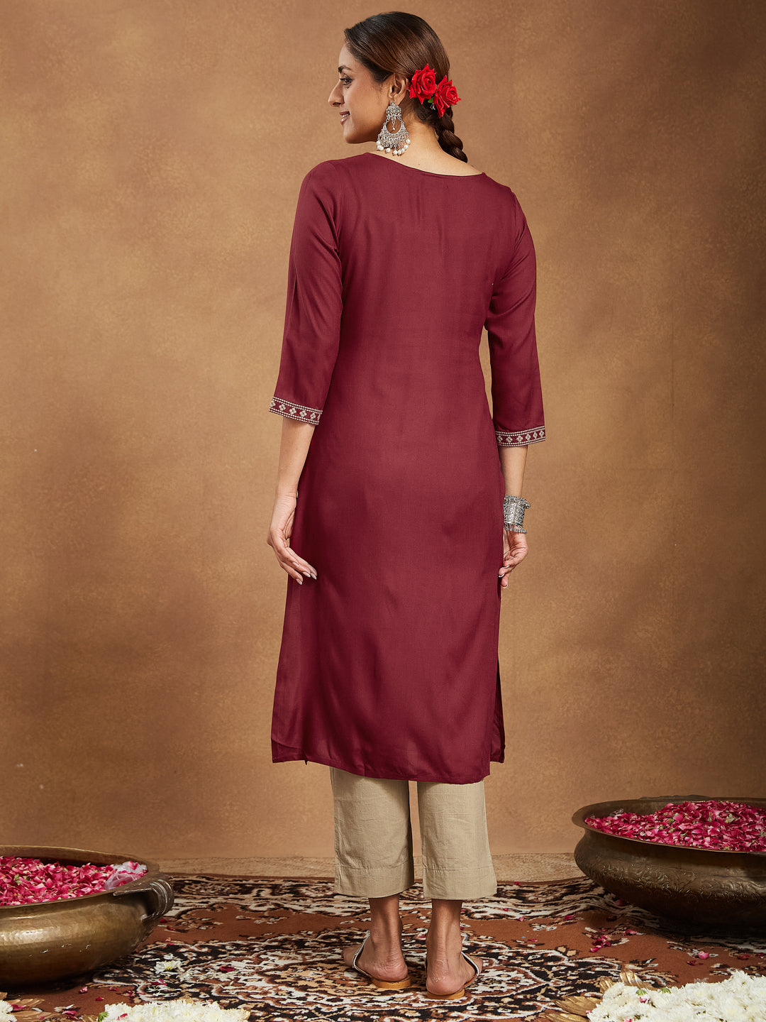 Elegant Maroon Embroidered Rayon Straight Kurta for Women