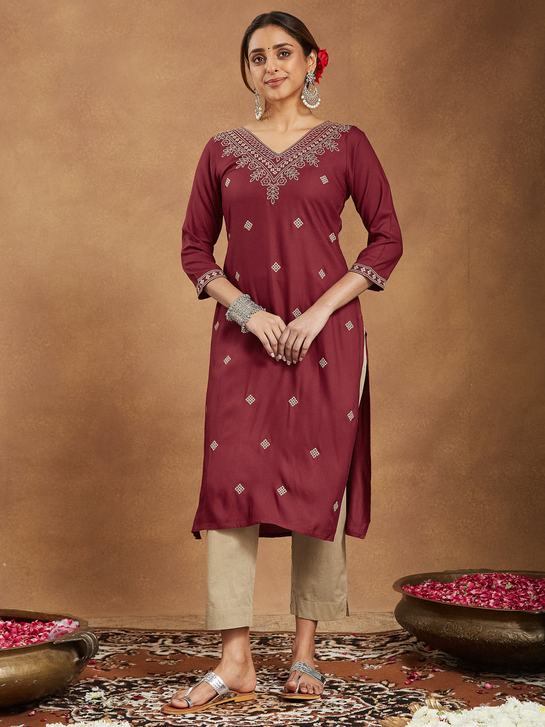 Elegant Maroon Embroidered Rayon Straight Kurta for Women