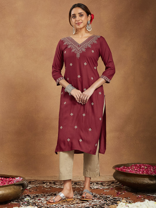 Elegant Maroon Embroidered Rayon Straight Kurta for Women