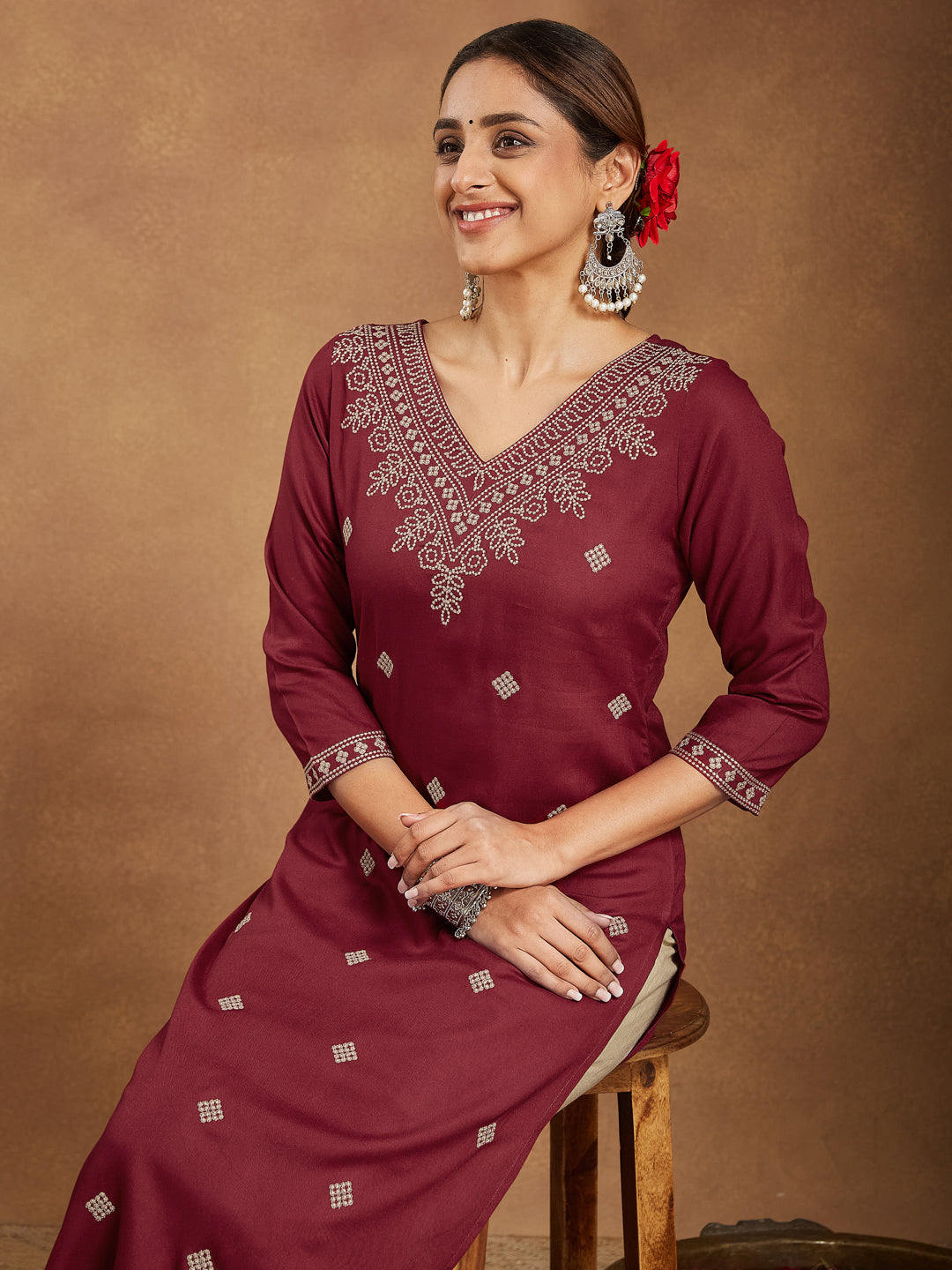 Elegant Maroon Embroidered Rayon Straight Kurta for Women
