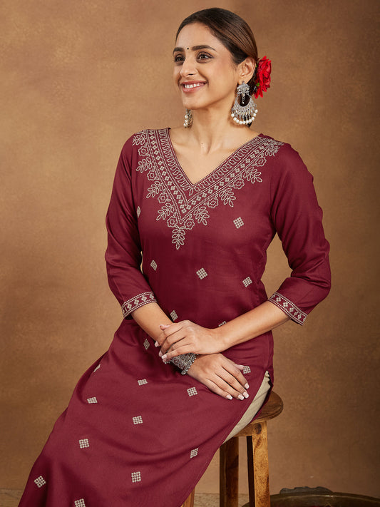 Elegant Maroon Embroidered Rayon Straight Kurta for Women