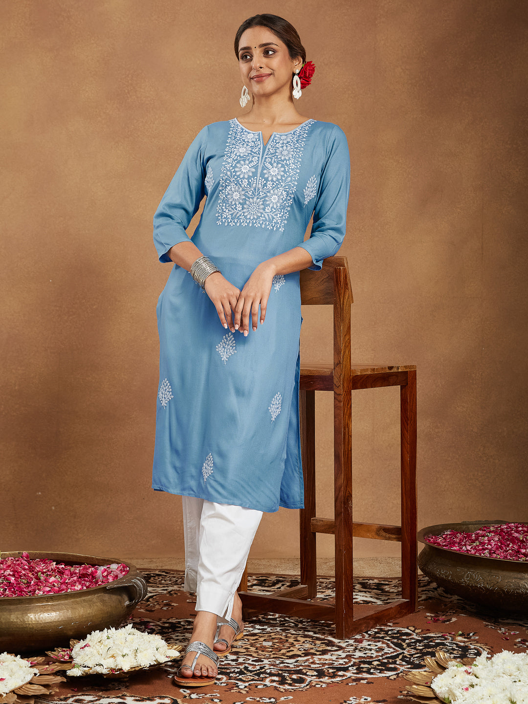 Serene Sky Blue Embroidered Rayon Kurta