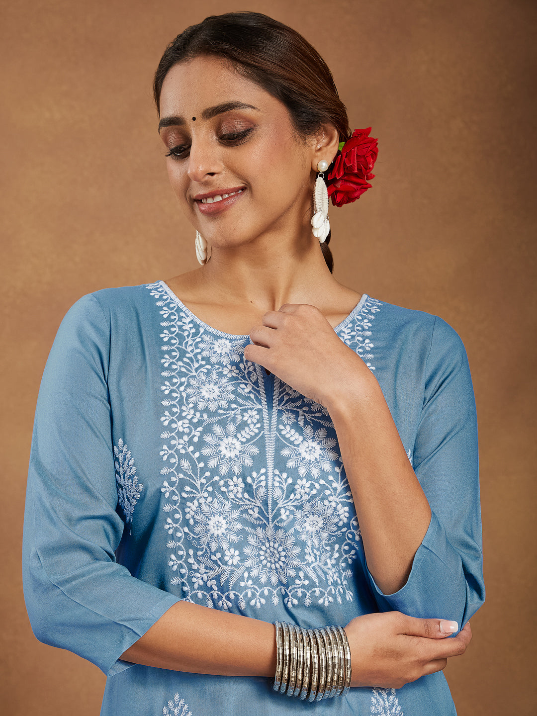 Serene Sky Blue Embroidered Rayon Kurta