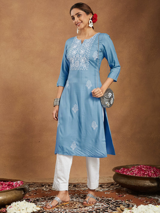 Serene Sky Blue Embroidered Rayon Kurta