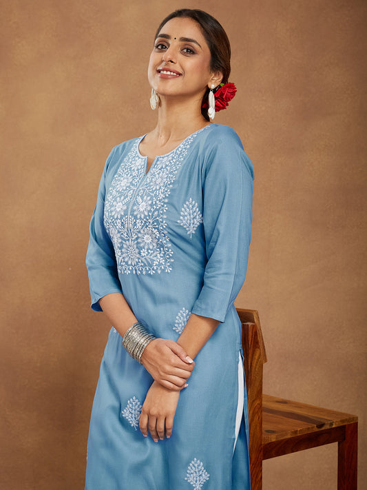Serene Sky Blue Embroidered Rayon Kurta