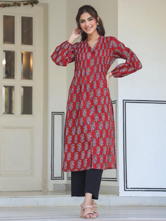 Crimson Bloom Maroon Cotton Flared Kurta