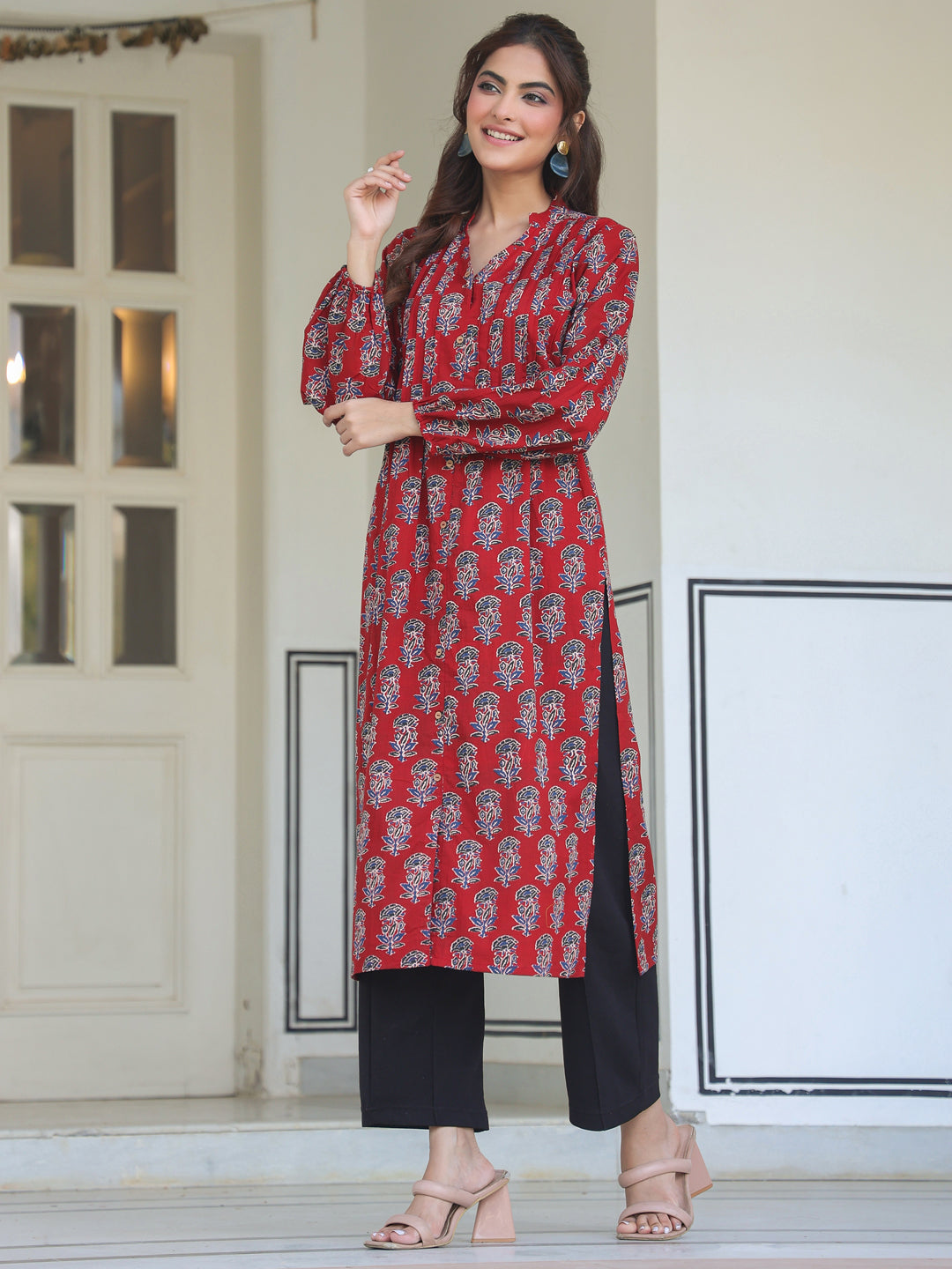 Crimson Bloom Maroon Cotton Flared Kurta