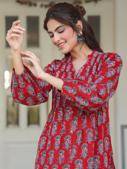 Crimson Bloom Maroon Cotton Flared Kurta