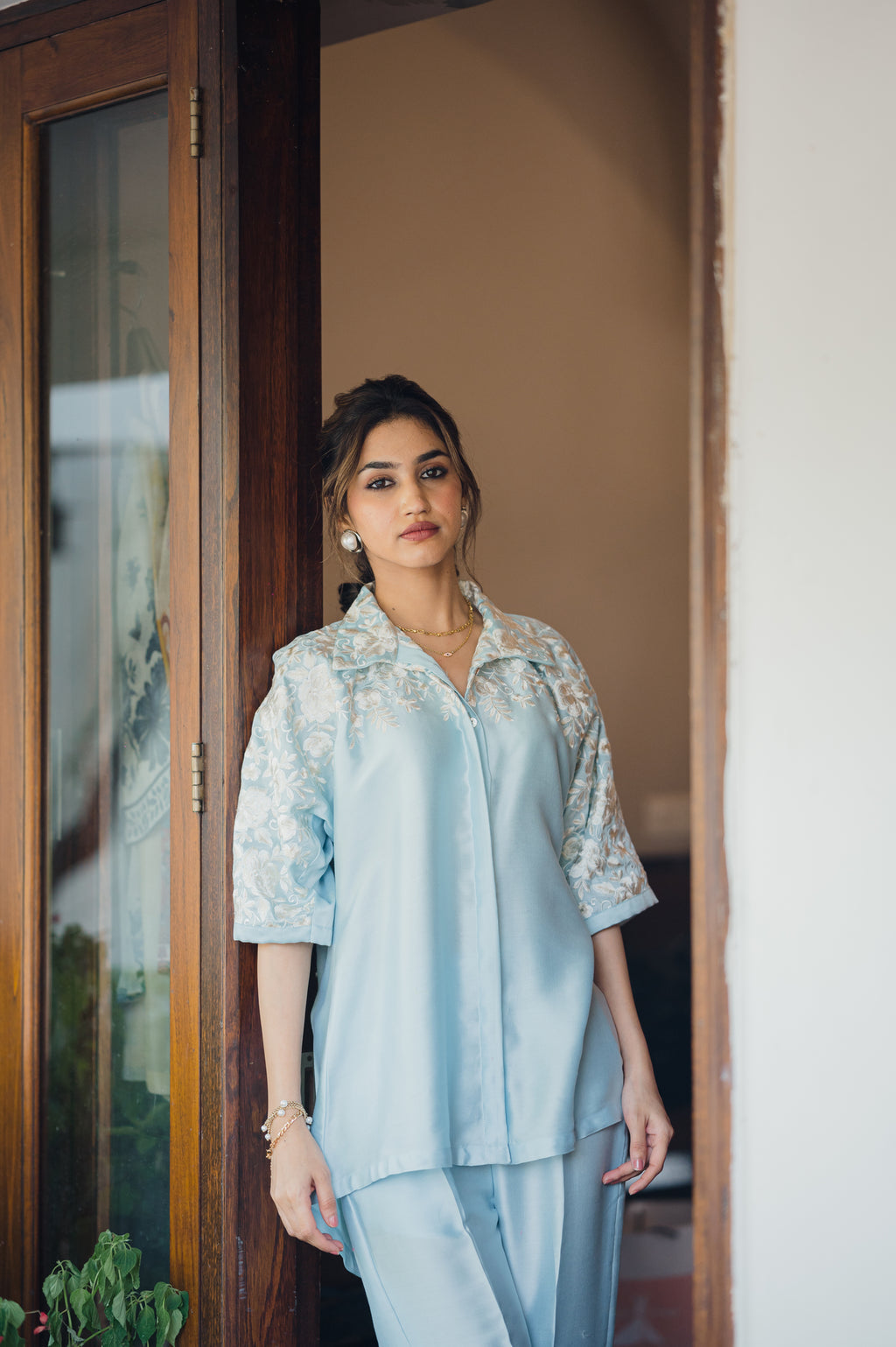 Trendy Women’s Light Blue Floral Embroidered Co-ord Set