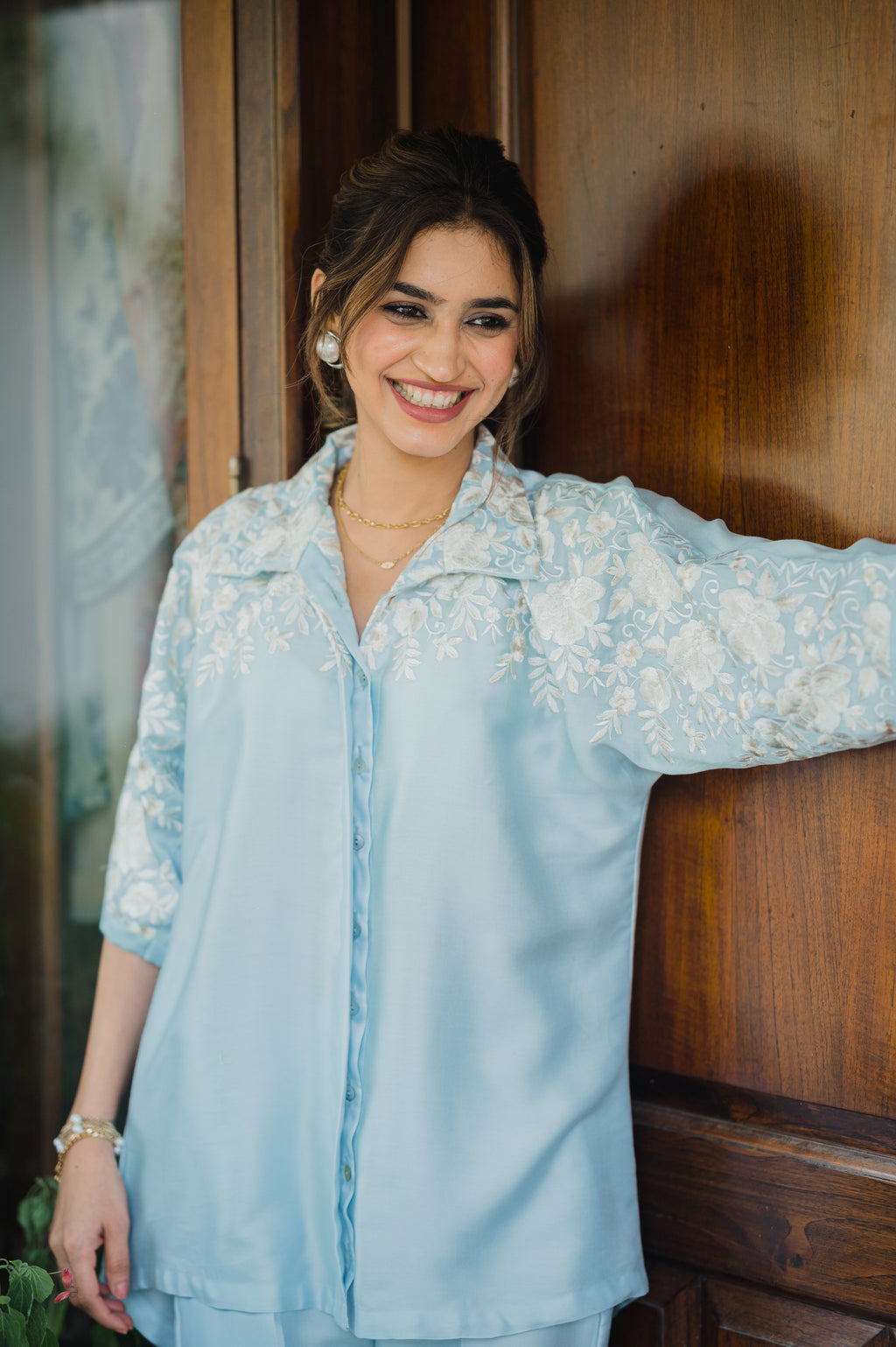 Trendy Women’s Light Blue Floral Embroidered Co-ord Set