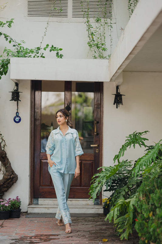 Trendy Women’s Light Blue Floral Embroidered Co-ord Set