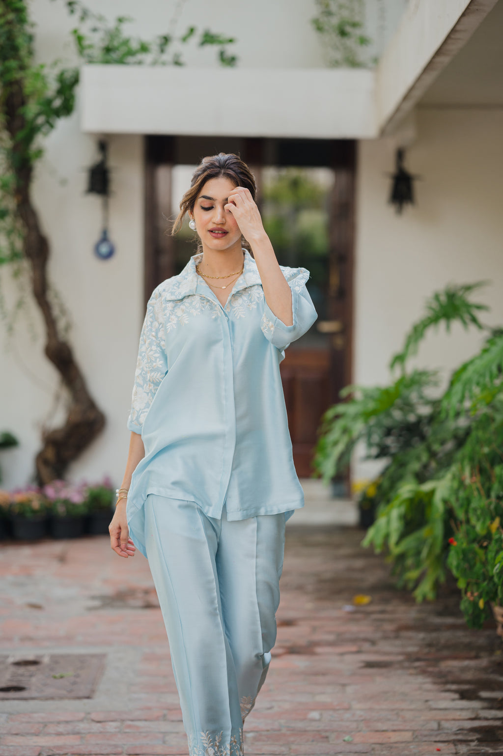 Trendy Women’s Light Blue Floral Embroidered Co-ord Set