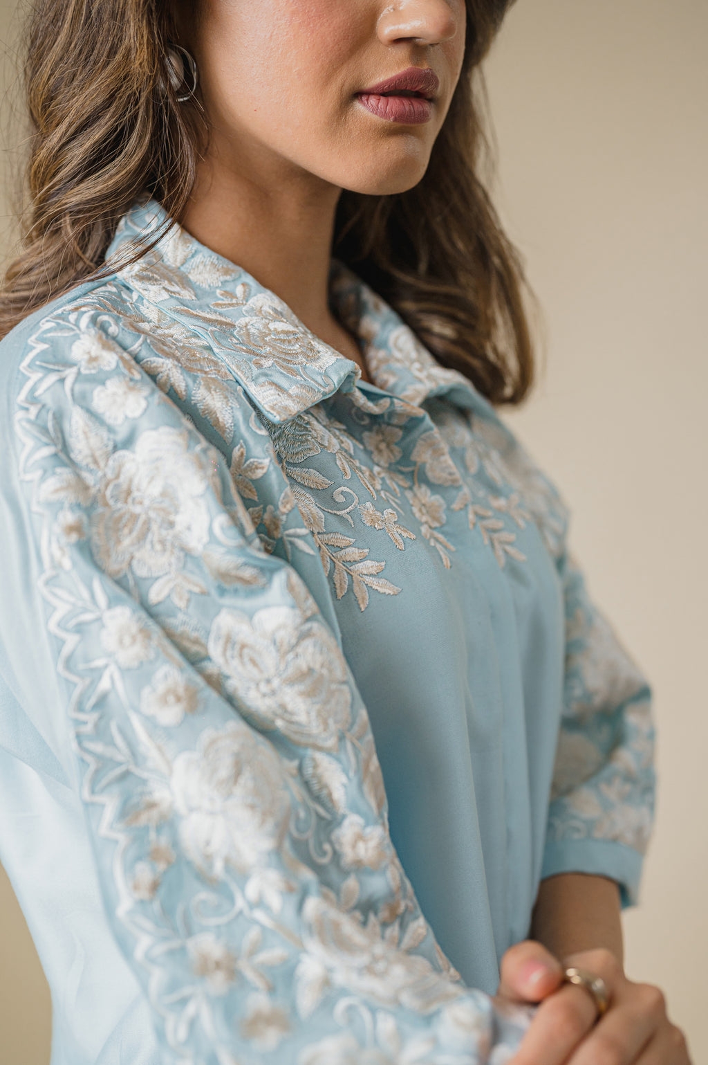 Trendy Women’s Light Blue Floral Embroidered Co-ord Set