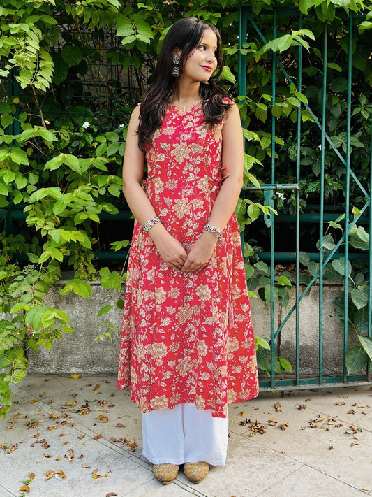 Blush Bloom Pink Cotton Floral A-line Kurta